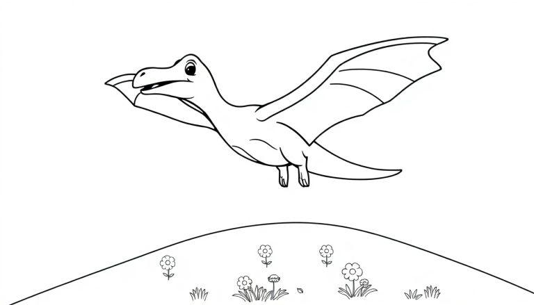 Schwarz-Weiß-Farbtafel eines freundlichen Pteranodons, der über einem grasbewachsenen Hügel fliegt.