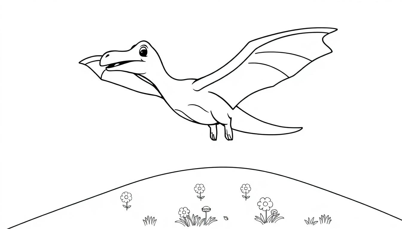 Schwarz-Weiß-Farbtafel eines freundlichen Pteranodons, der über einem grasbewachsenen Hügel fliegt.