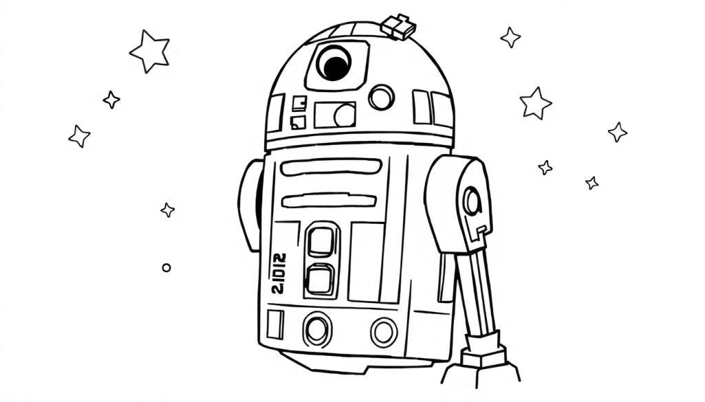 Eine Schwarz-Weiß-Farbtafel von R2-D2, der im Weltall mit Sternen winkt.