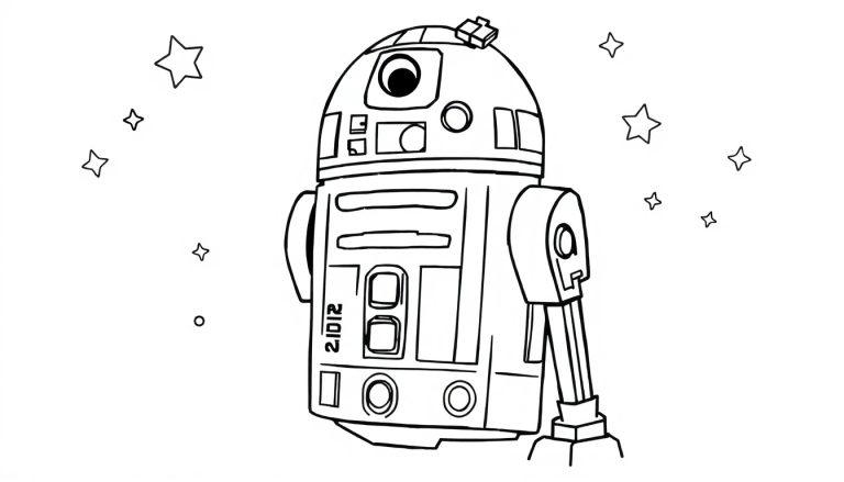 Eine Schwarz-Weiß-Farbtafel von R2-D2, der im Weltall mit Sternen winkt.