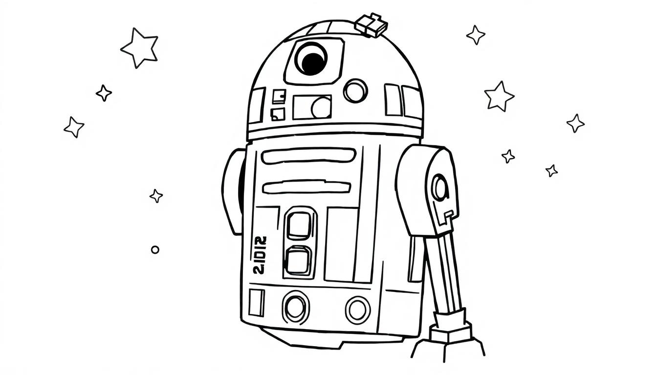 Eine Schwarz-Weiß-Farbtafel von R2-D2, der im Weltall mit Sternen winkt.