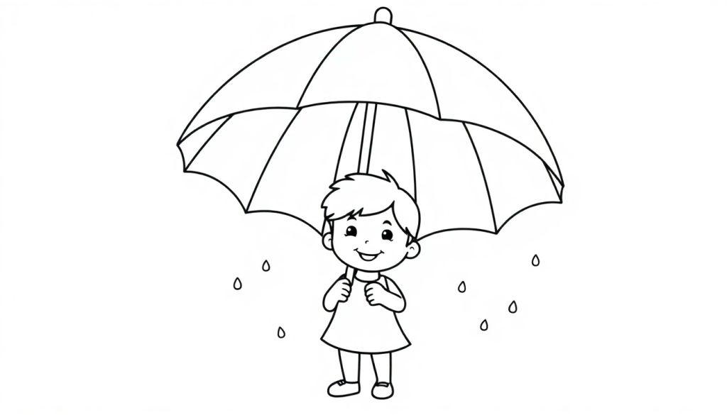 Eine schwarz-weiße Farbtafel mit einer Strichzeichnung eines lächelnden Kindes mit kurzen Haaren, das unter einem Regenschirm steht, während es regnet.