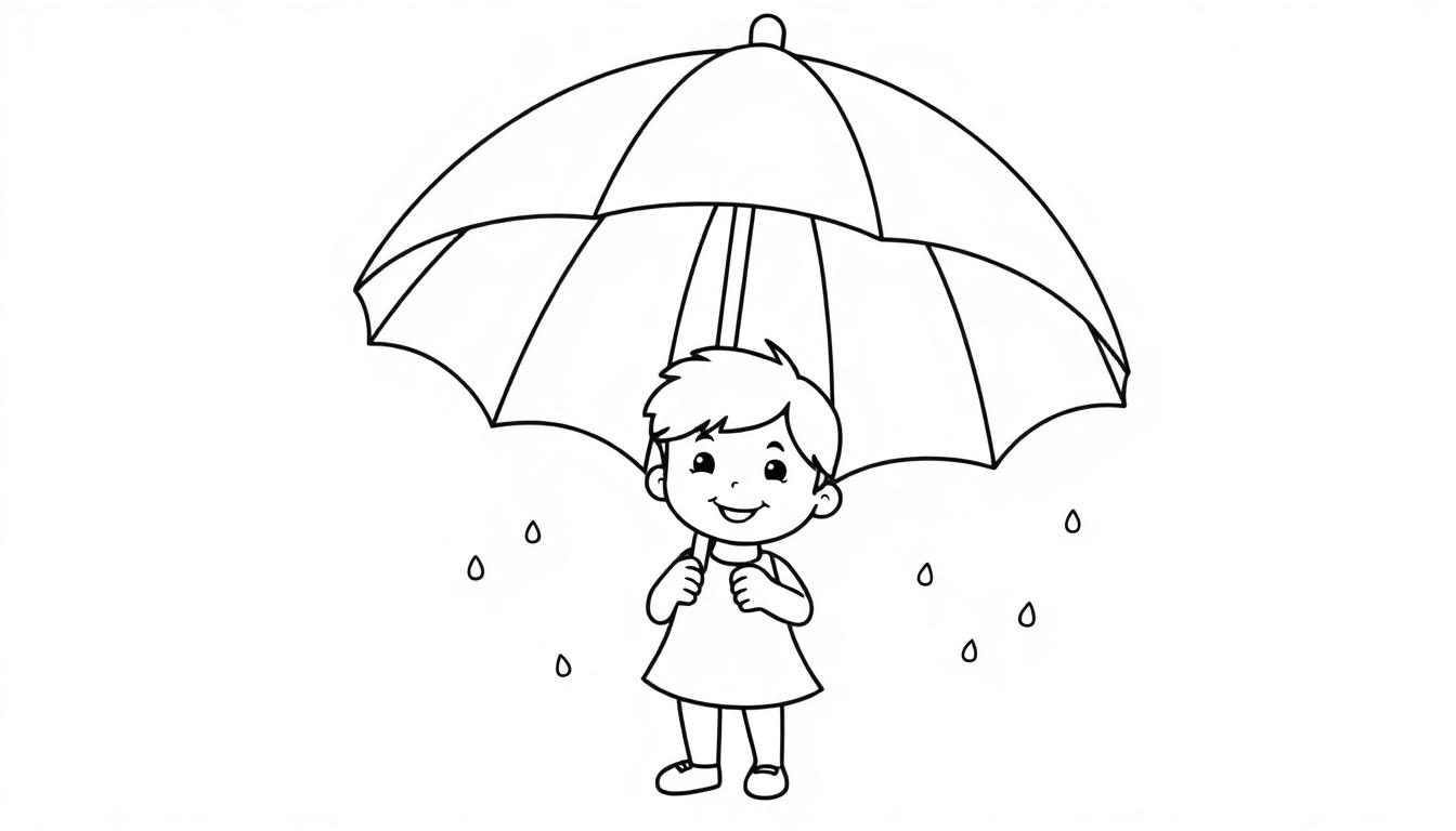 Eine schwarz-weiße Farbtafel mit einer Strichzeichnung eines lächelnden Kindes mit kurzen Haaren, das unter einem Regenschirm steht, während es regnet.