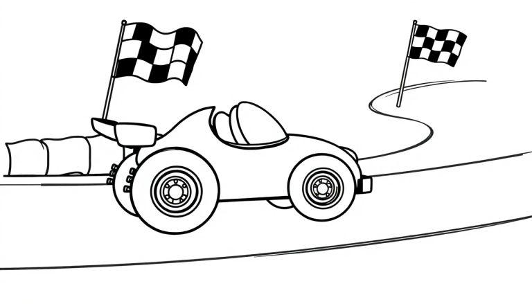 Schwarz-weißer Cartoon-Rennwagen mit Zielflagge, bereit zum Ausmalen als Farbtafel.