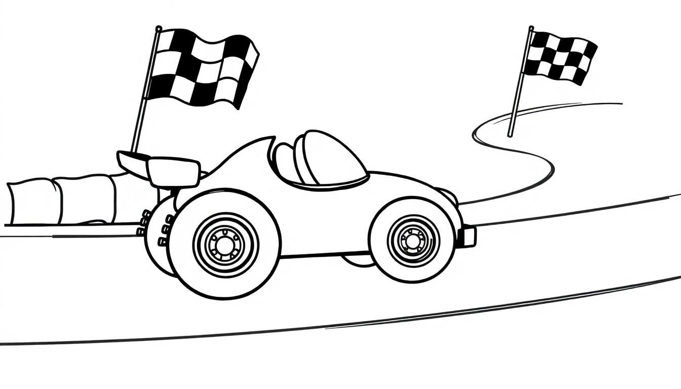 Schwarz-weißer Cartoon-Rennwagen mit Zielflagge, bereit zum Ausmalen als Farbtafel.