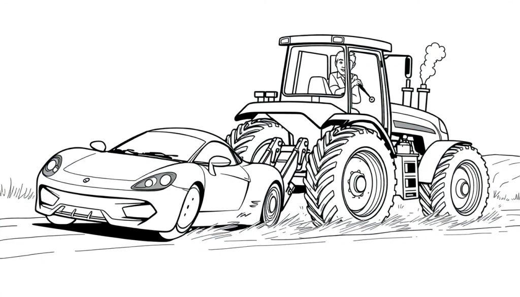 Schwarz-weiß Farbtafel: Ein Rennwagen überholt einen Traktor auf einem Feld.