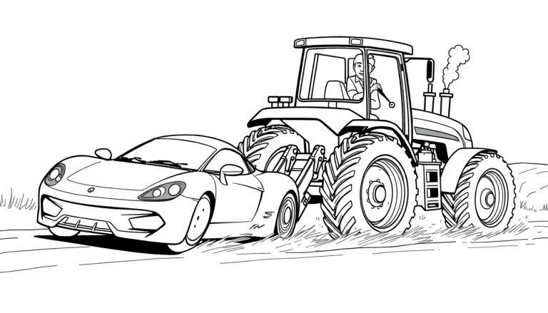 Schwarz-weiß Farbtafel: Ein Rennwagen überholt einen Traktor auf einem Feld.
