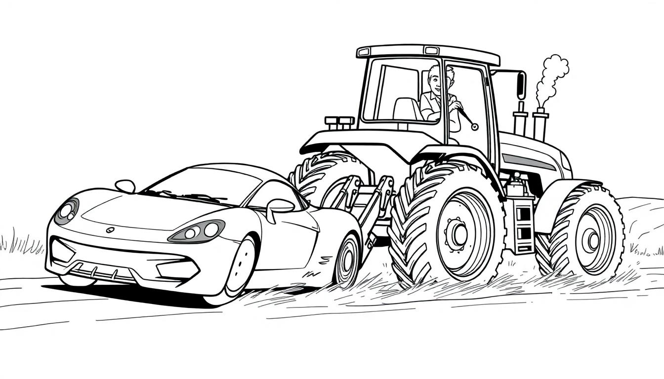 Schwarz-weiß Farbtafel: Ein Rennwagen überholt einen Traktor auf einem Feld.