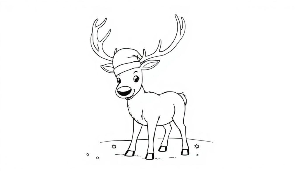 Schwarze und weiße Strichzeichnung eines niedlichen Cartoon-Rentiers mit Weihnachtsmütze, bereit zum Ausmalen als Farbtafel.