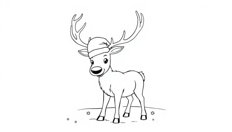 Schwarze und weiße Strichzeichnung eines niedlichen Cartoon-Rentiers mit Weihnachtsmütze, bereit zum Ausmalen als Farbtafel.
