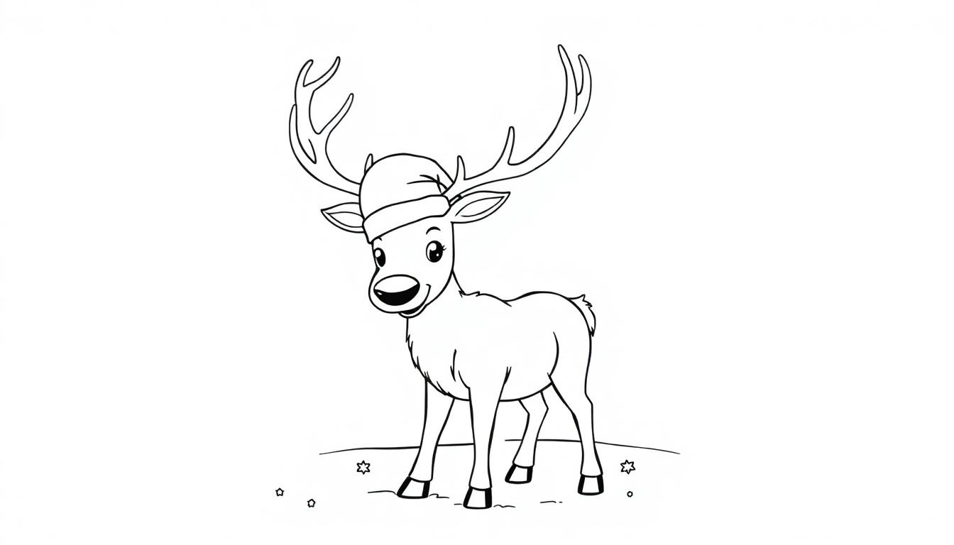 Schwarze und weiße Strichzeichnung eines niedlichen Cartoon-Rentiers mit Weihnachtsmütze, bereit zum Ausmalen als Farbtafel.