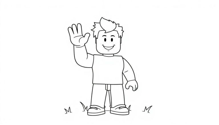 Eine Schwarz-Weiß-Farbtafel-Illustration eines Roblox-Kindes, das freundlich winkt.