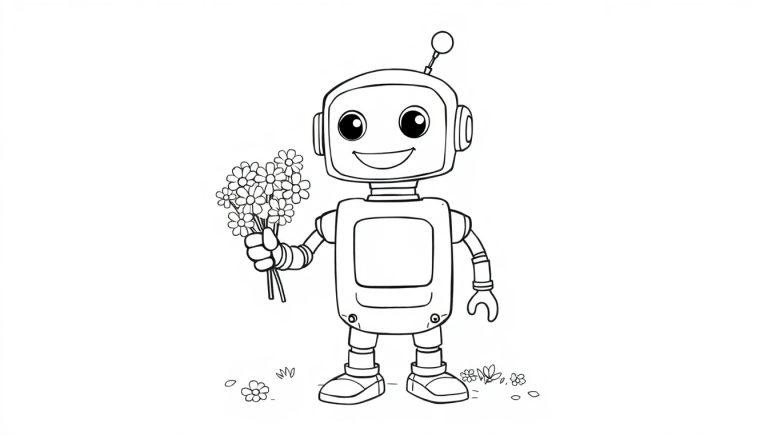 Eine Farbtafel eines Cartoon-Roboters, der Blumen sammelt.
