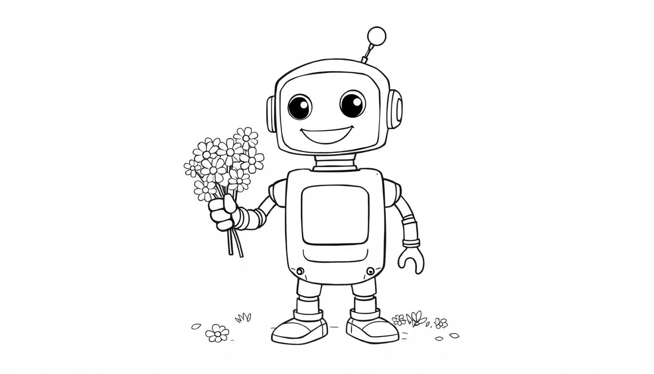 Eine Farbtafel eines Cartoon-Roboters, der Blumen sammelt.