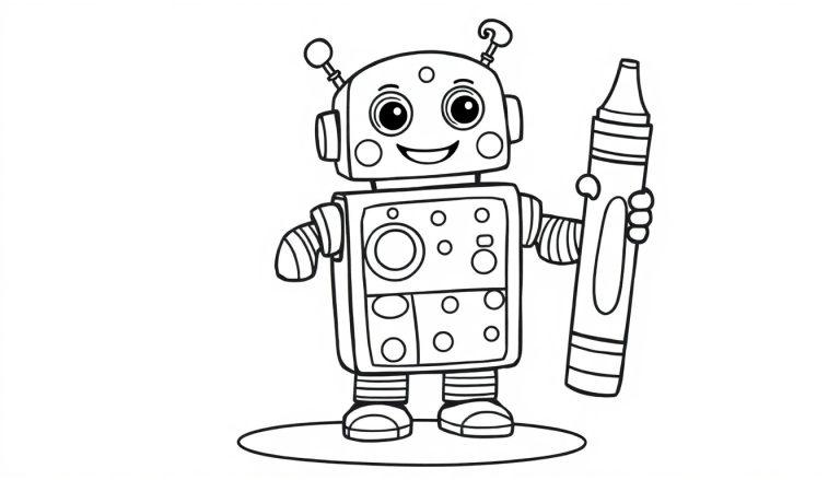Farbtafel eines Cartoon-Roboters, der einen Wachsmalstift hält.
