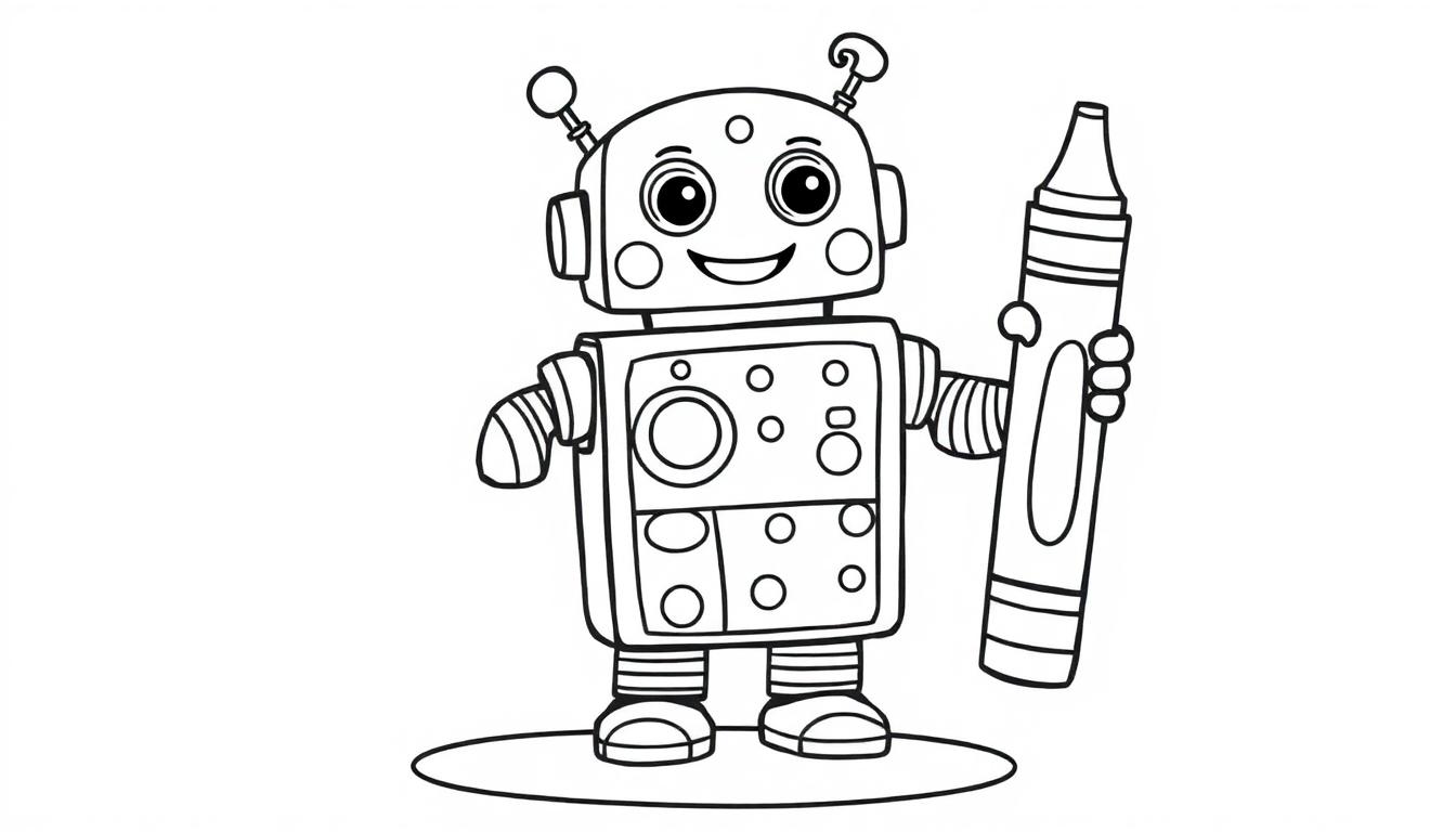 Farbtafel eines Cartoon-Roboters, der einen Wachsmalstift hält.