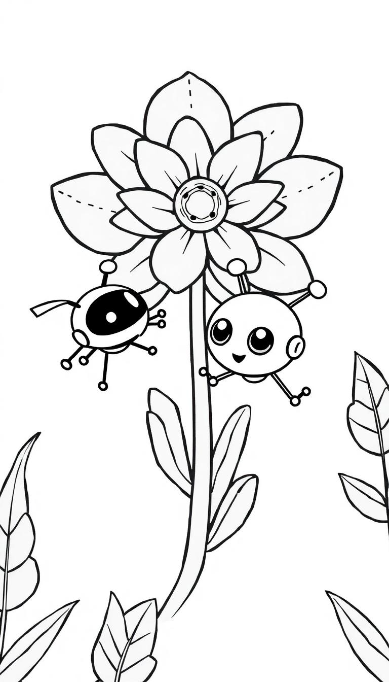 Schwarz-weiße Zeichnung einer Blume mit zwei kleinen Robotern, die sich daran festhalten.