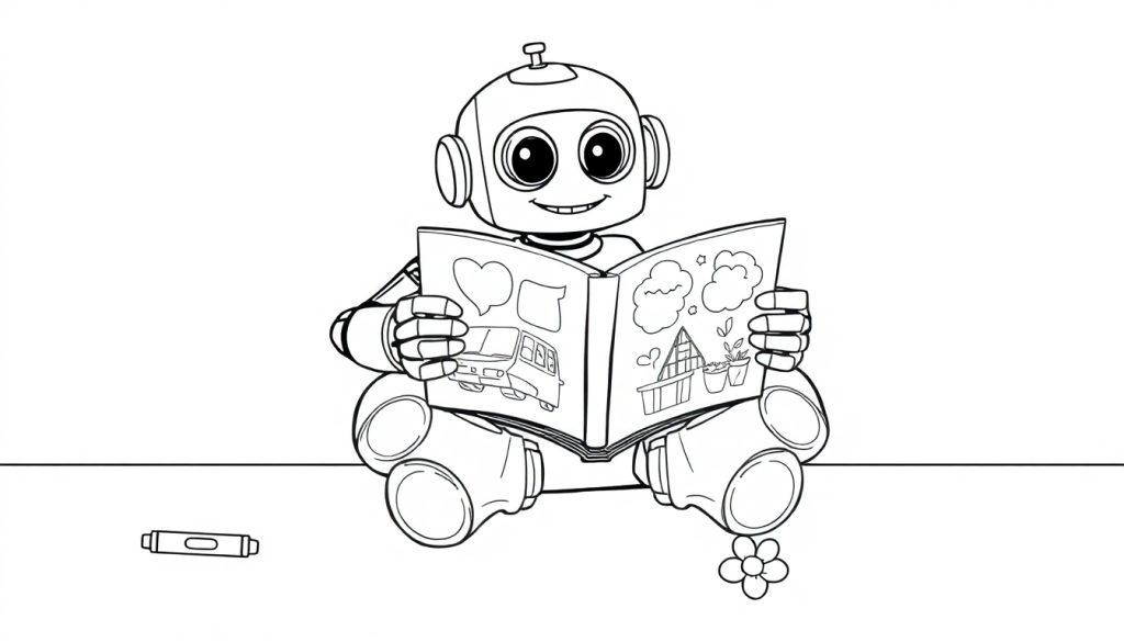 Ein niedlicher Cartoon-Roboter sitzt und liest ein Buch mit bunten Illustrationen, eine Farbtafel für Kinder.