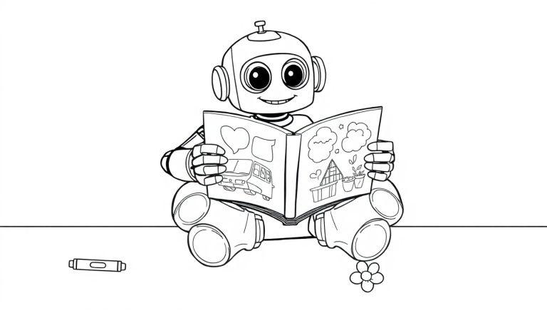 Ein niedlicher Cartoon-Roboter sitzt und liest ein Buch mit bunten Illustrationen, eine Farbtafel für Kinder.