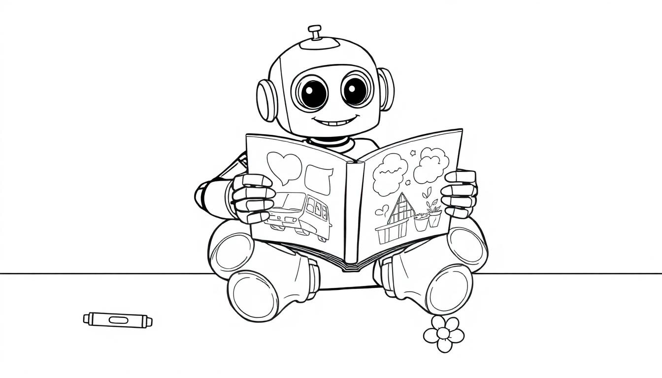 Ein niedlicher Cartoon-Roboter sitzt und liest ein Buch mit bunten Illustrationen, eine Farbtafel für Kinder.