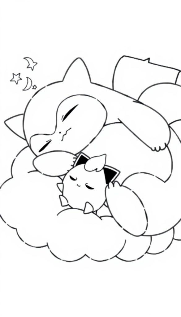 Ein großes Pokémon, ähnlich wie Snorlax, schläft, während ein kleines Pokémon, ähnlich wie Togepi, es hält, mit Sternen und Mond über ihnen.