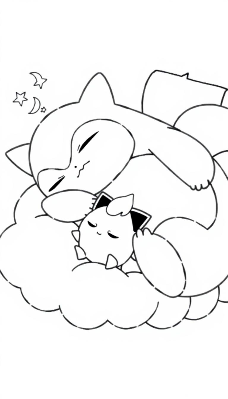 Ein großes Pokémon, ähnlich wie Snorlax, schläft, während ein kleines Pokémon, ähnlich wie Togepi, es hält, mit Sternen und Mond über ihnen.