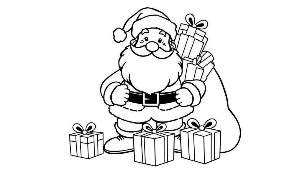 Schwarz-weiße Farbtafel von Santa Claus, der Geschenke hält.