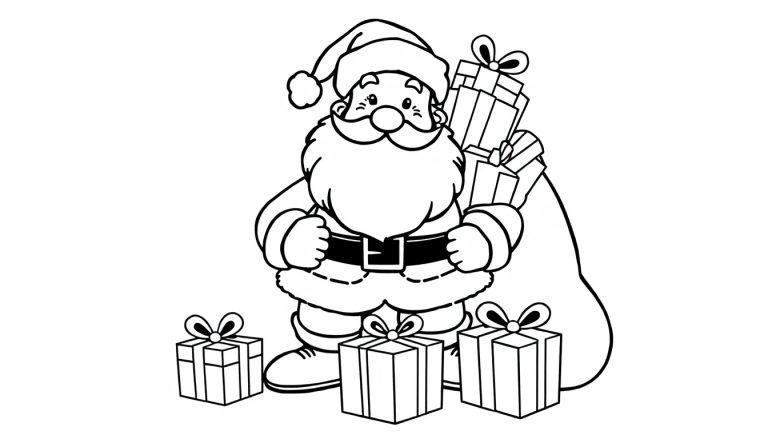 Schwarz-weiße Farbtafel von Santa Claus, der Geschenke hält.