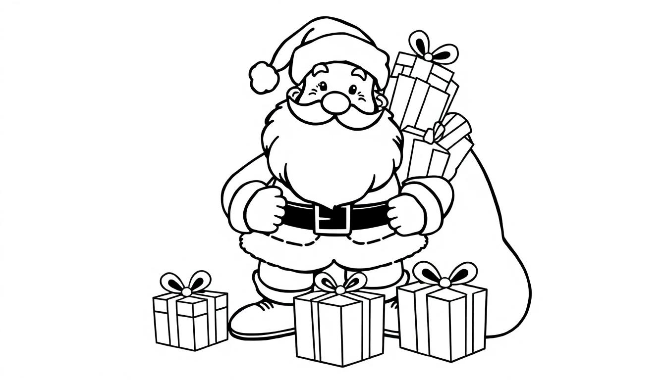 Schwarz-weiße Farbtafel von Santa Claus, der Geschenke hält.