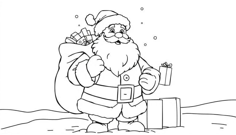 Schwarz-Weiß-Farbtafel von Santa Claus mit Geschenken.