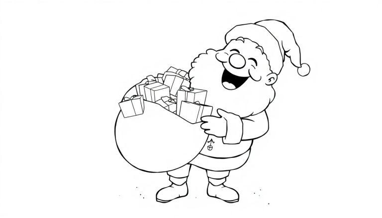 Eine Schwarz-Weiß-Farbtafel von Santa Claus, der fröhlich mit einem Geschenkesack lacht.