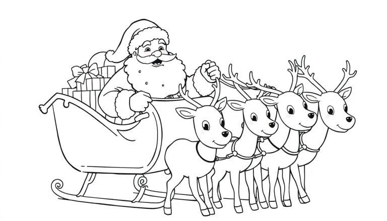 Schwarz-weiß Farbtafel von Santa Claus im Schlitten, gezogen von Rentieren.