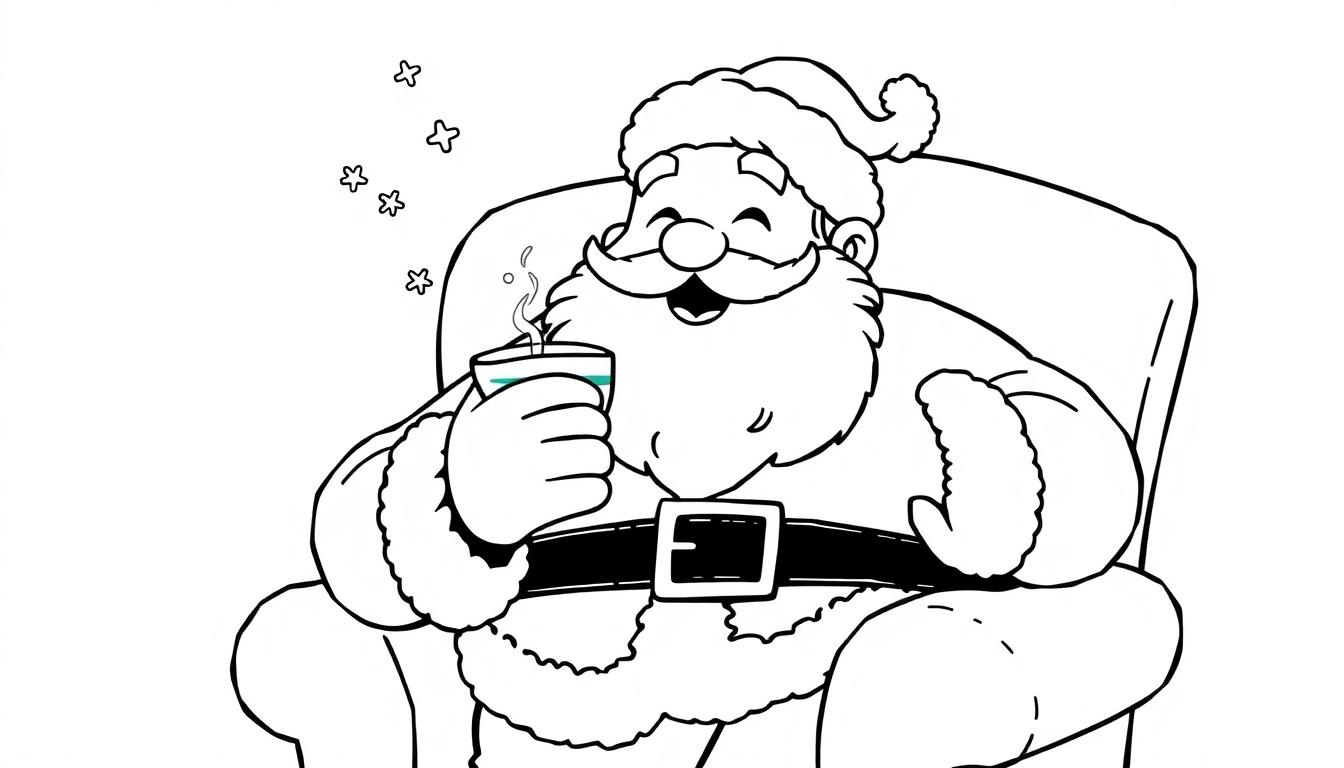Eine schwarz-weiße Farbtafel von Santa Claus, der mit einer dampfenden Tasse Schokolade in einem Sessel sitzt.
