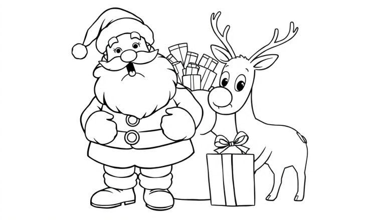 Farbtafel: Santa Claus und ein Rentier mit Geschenken.