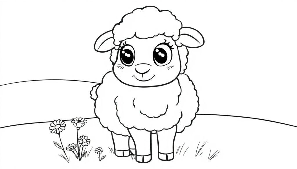 Eine niedliche, cartoonartige Farbtafel eines Schafs auf einer Wiese mit Gänseblümchen.