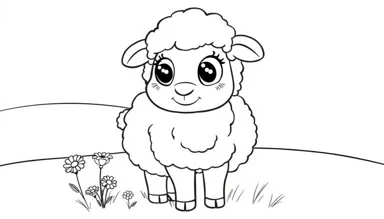 Eine niedliche, cartoonartige Farbtafel eines Schafs auf einer Wiese mit Gänseblümchen.