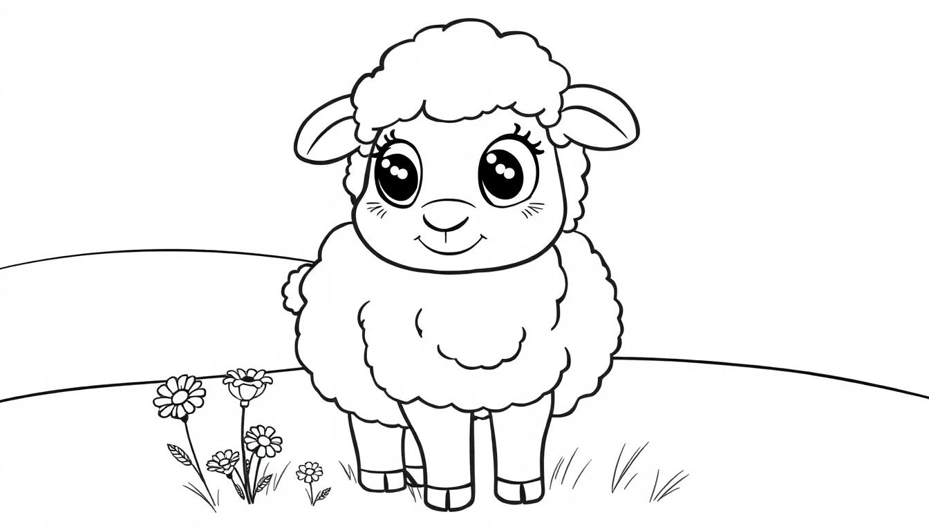 Eine niedliche, cartoonartige Farbtafel eines Schafs auf einer Wiese mit Gänseblümchen.