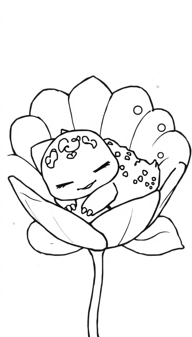 Ein niedliches Pokémon-Baby schläft friedlich in einer Blume.