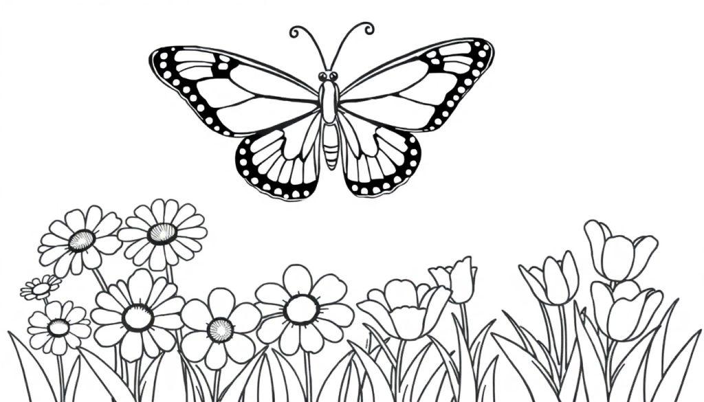 Schwarz-Weiß-Farbtafel einer Zeichnung: Ein Schmetterling schwebt über einer Wiese mit Gänseblümchen und Tulpen.