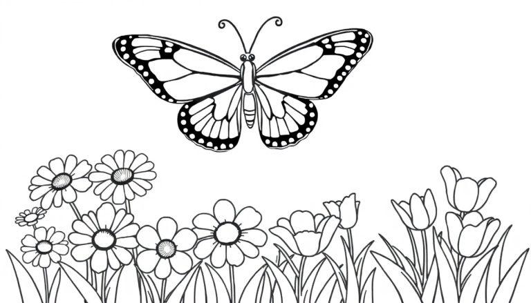 Schwarz-Weiß-Farbtafel einer Zeichnung: Ein Schmetterling schwebt über einer Wiese mit Gänseblümchen und Tulpen.