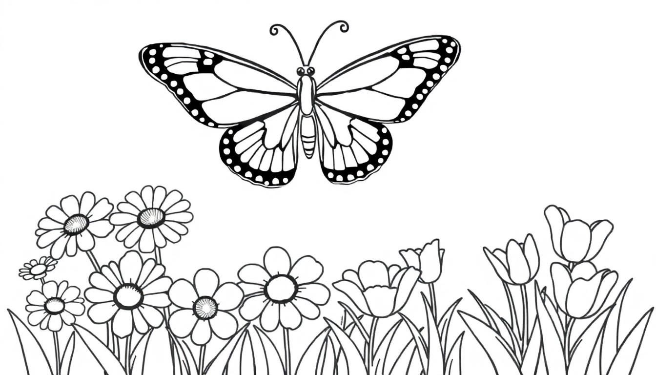 Schwarz-Weiß-Farbtafel einer Zeichnung: Ein Schmetterling schwebt über einer Wiese mit Gänseblümchen und Tulpen.