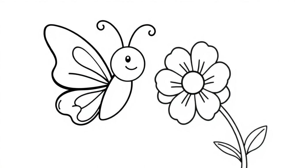 Schwarz-Weiß-Farbtafel eines fröhlichen Schmetterlings, der auf einer Blume landet.