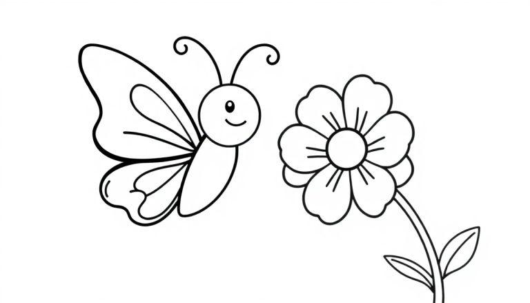 Schwarz-Weiß-Farbtafel eines fröhlichen Schmetterlings, der auf einer Blume landet.