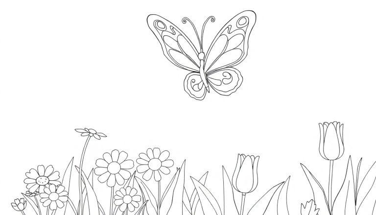 Schwarz-weiße Farbtafel eines Schmetterlings über Blumen.