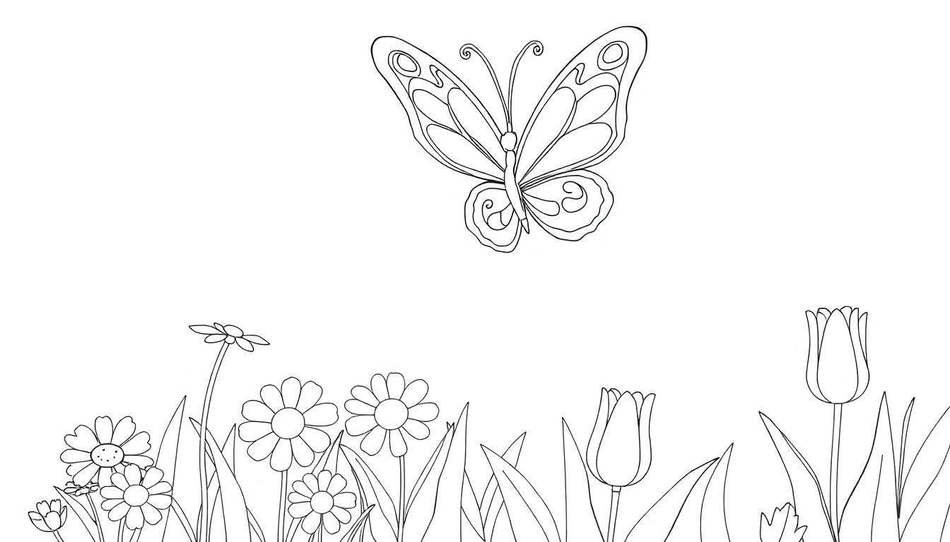 Schwarz-weiße Farbtafel eines Schmetterlings über Blumen.