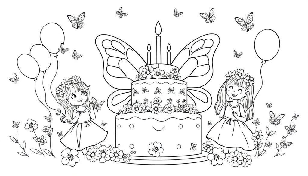 Eine schwarz-weiße Farbtafel-Illustration einer Geburtstagsfeier mit einem Kuchen und Schmetterlingen.