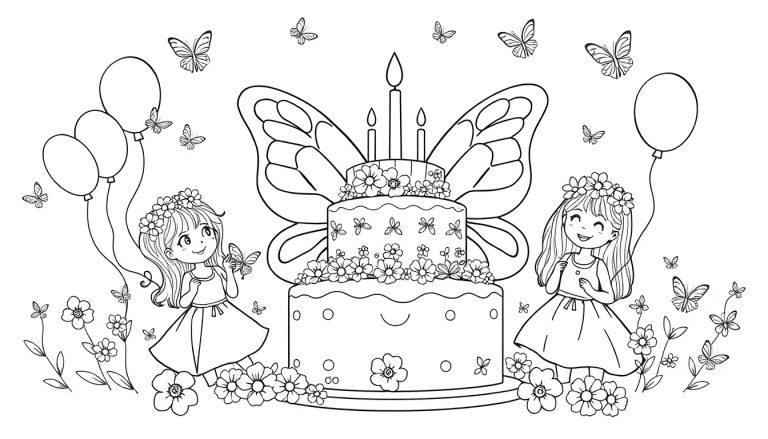 Eine schwarz-weiße Farbtafel-Illustration einer Geburtstagsfeier mit einem Kuchen und Schmetterlingen.