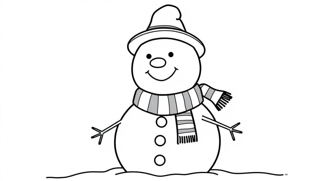 Schwarz-weiße Farbtafel eines lächelnden Schneemanns mit Hut und Schal, bereit zum Ausmalen.