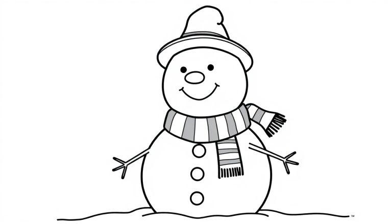 Schwarz-weiße Farbtafel eines lächelnden Schneemanns mit Hut und Schal, bereit zum Ausmalen.