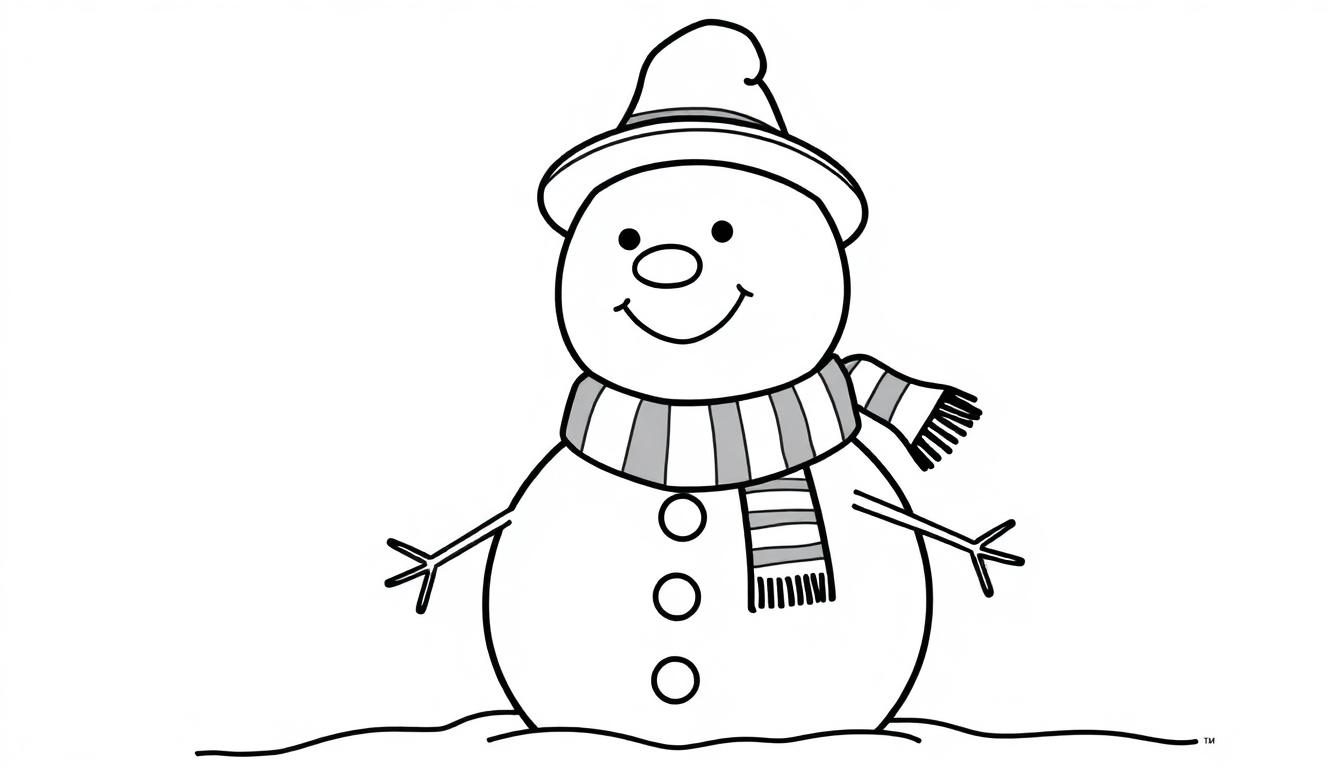 Schwarz-weiße Farbtafel eines lächelnden Schneemanns mit Hut und Schal, bereit zum Ausmalen.